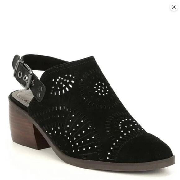 Latigo Muren Black Suede Leather Laser Cutout Slingback Block Heel Size 7.5 New - Picture 1 of 7